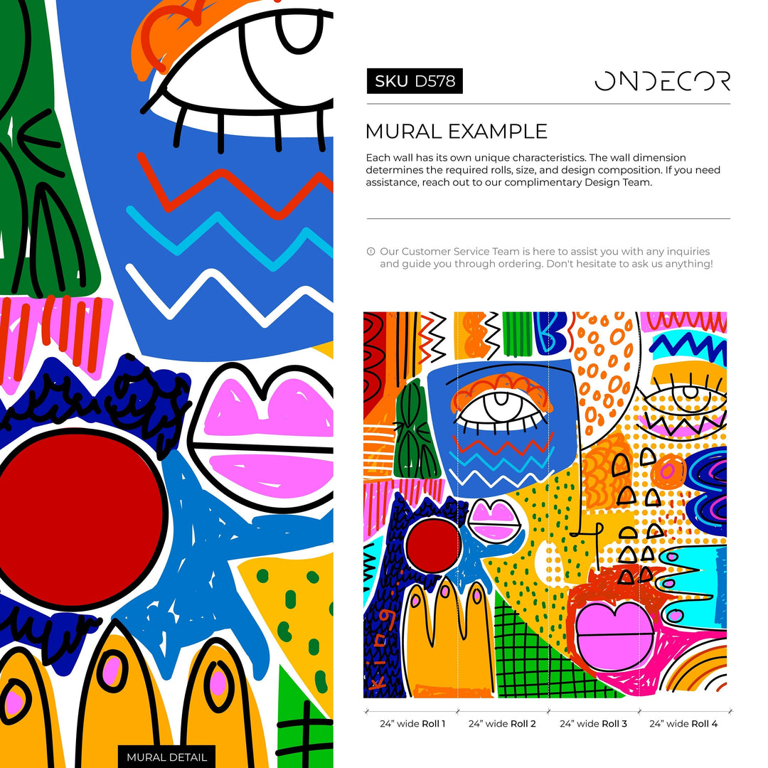 Abstract Wallpaper with Bold Cubist Faces in Blue, Yellow, and Red - D578