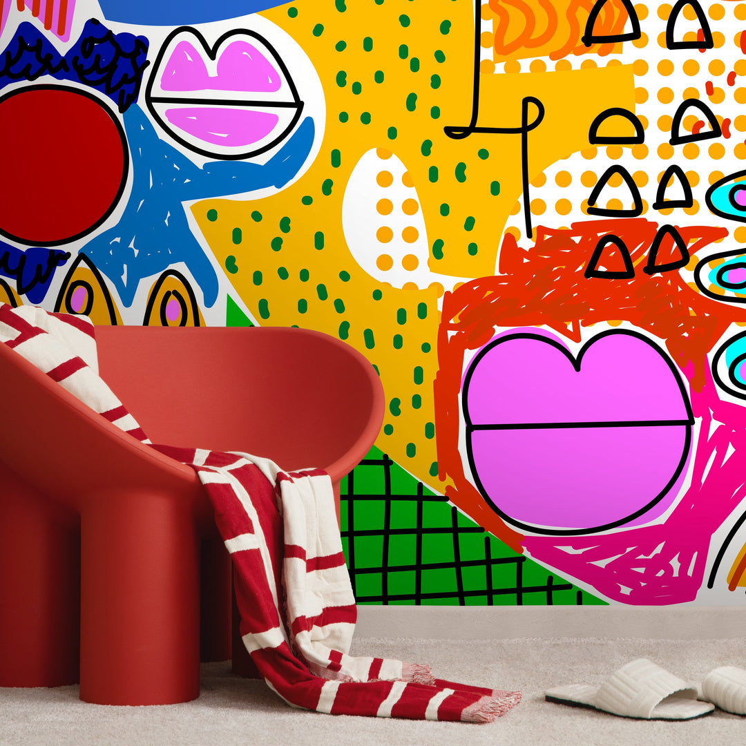 Abstract Wallpaper with Bold Cubist Faces in Blue, Yellow, and Red - D578