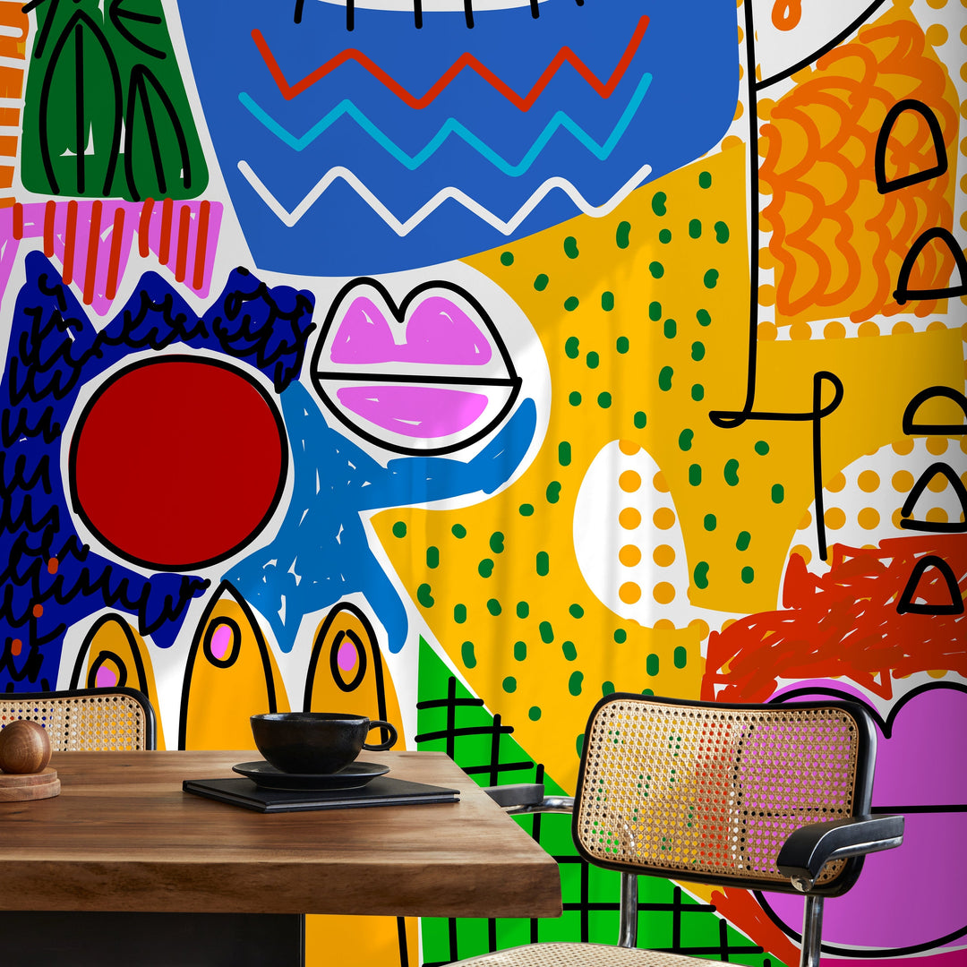 Abstract Wallpaper with Bold Cubist Faces in Blue, Yellow, and Red - D578
