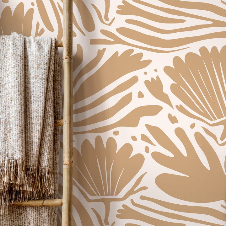 Abstract Wallpaper with Stylized Botanical Motifs in Tan - D659