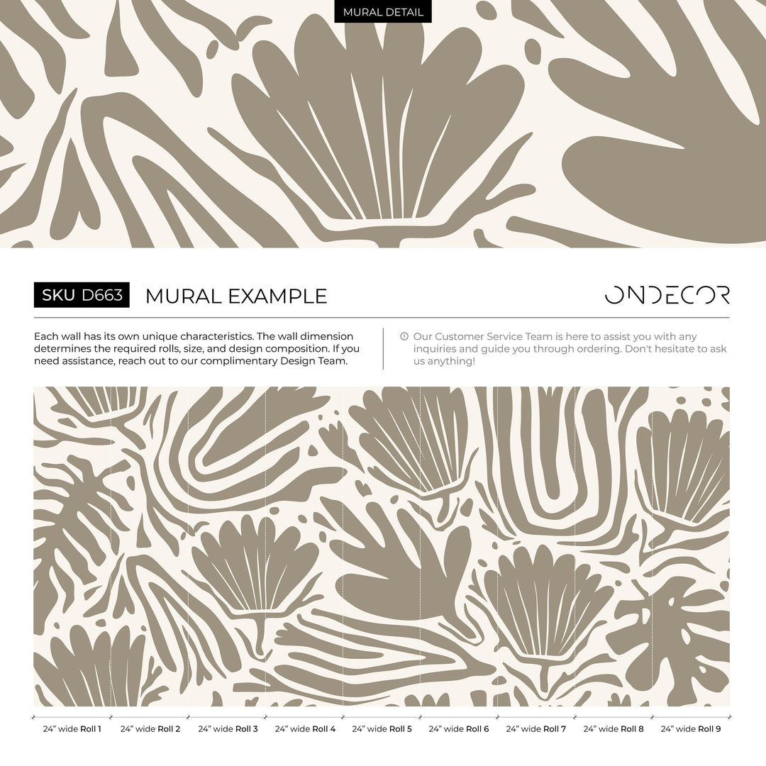 Abstract Wallpaper with Bold Botanical Cut-Outs in Beige and Taupe - D663