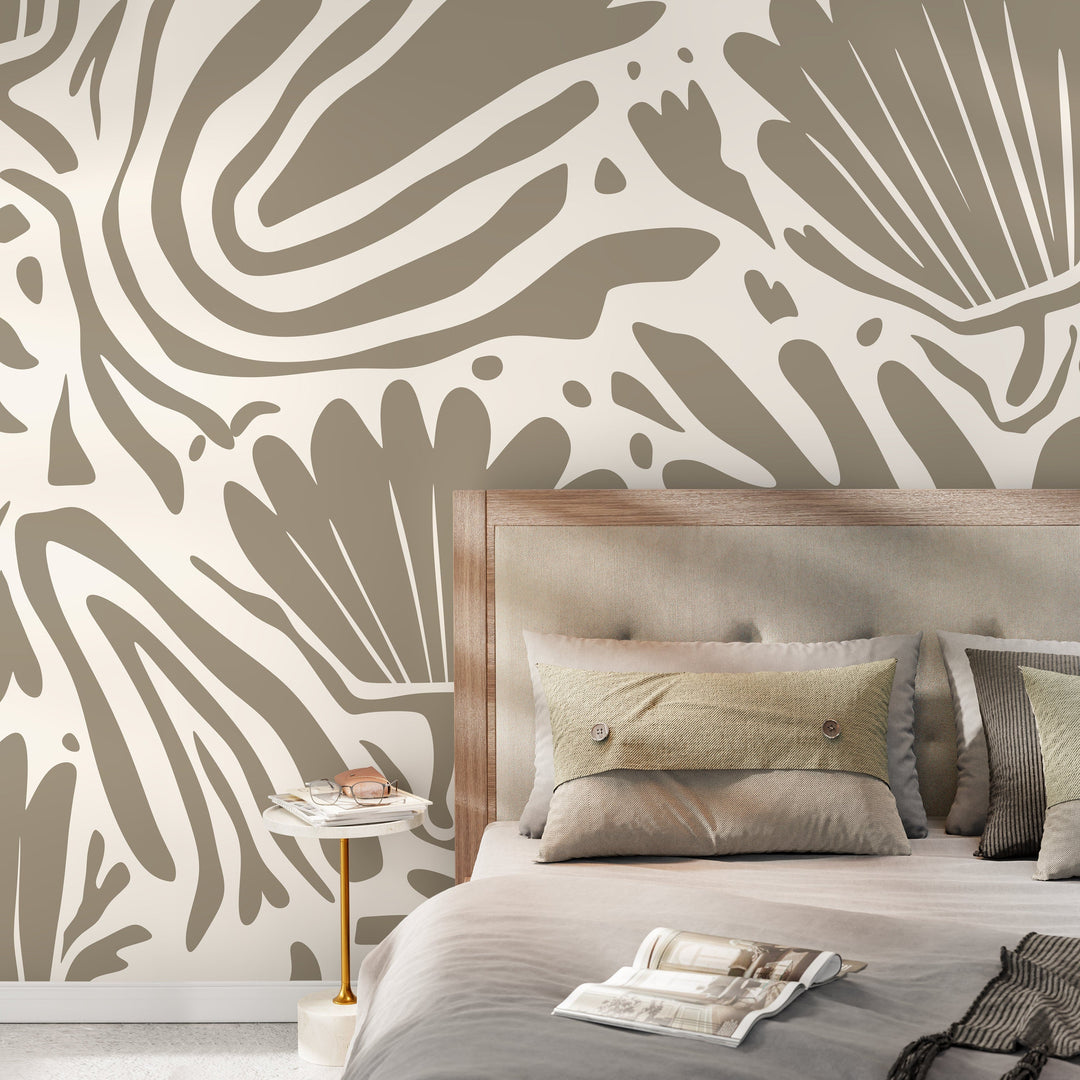 Abstract Wallpaper with Bold Botanical Cut-Outs in Beige and Taupe - D663