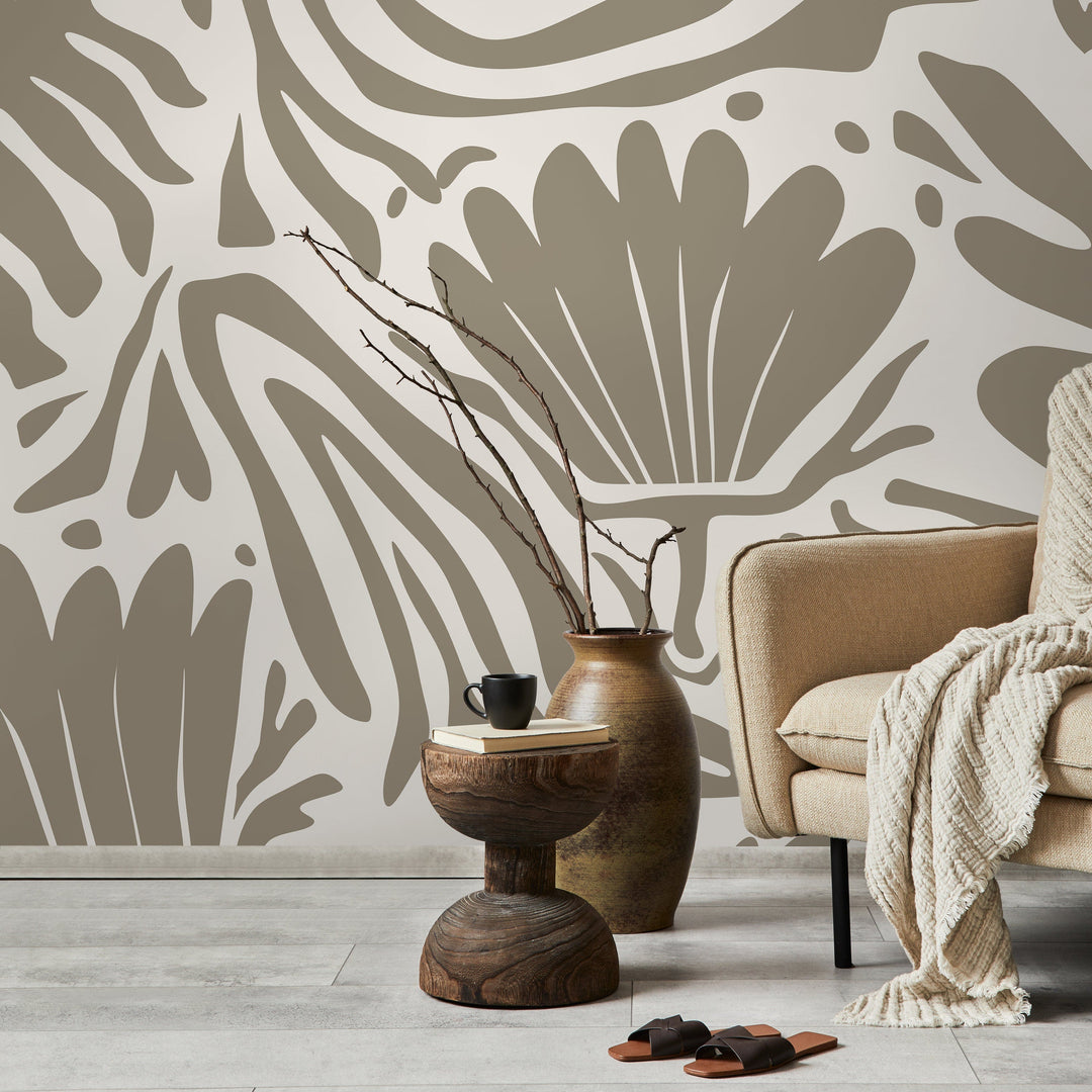 Abstract Wallpaper with Bold Botanical Cut-Outs in Beige and Taupe - D663