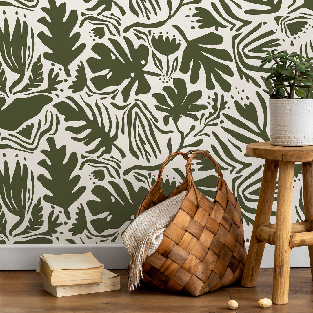 Botanical Wallpaper with Abstract Leaf Cut-Outs in Dark Green - D667