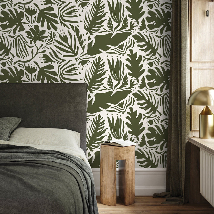 Botanical Wallpaper with Abstract Leaf Cut-Outs in Dark Green - D667