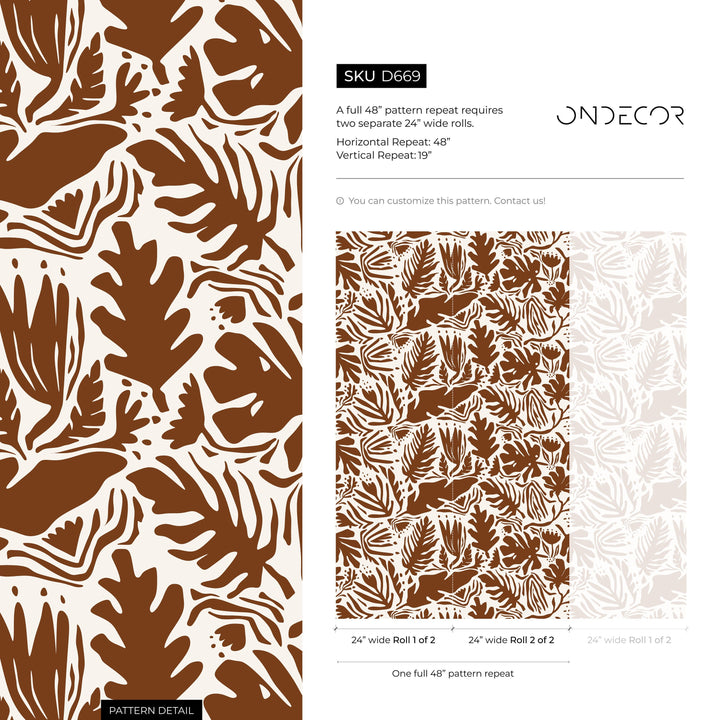 Abstract Wallpaper with Botanical Cutouts in Brown - D669