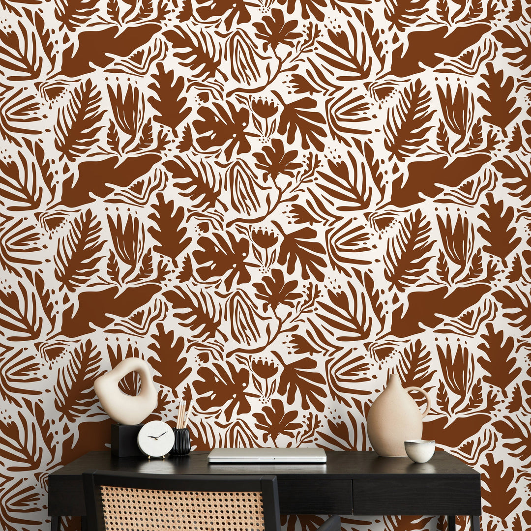 Abstract Wallpaper with Botanical Cutouts in Brown - D669