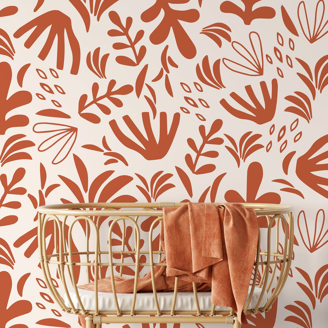 Abstract Wallpaper with Matisse-Inspired Botanicals in Burnt Orange and Beige - D677