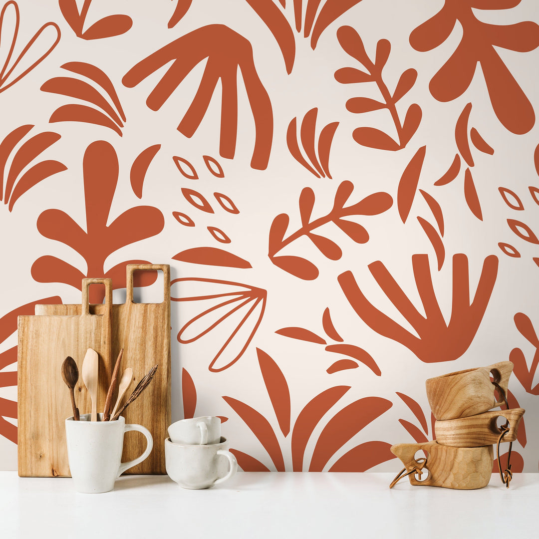 Abstract Wallpaper with Matisse-Inspired Botanicals in Burnt Orange and Beige - D677