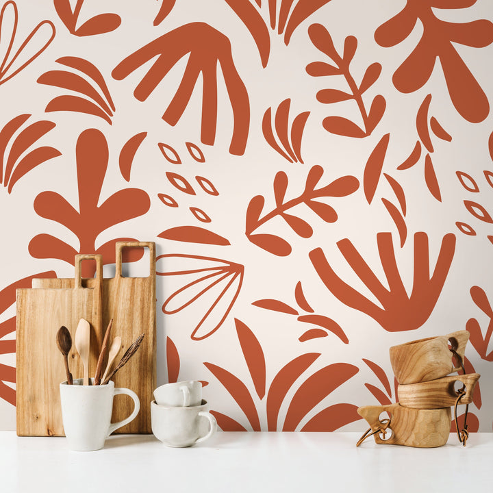 Abstract Wallpaper with Matisse-Inspired Botanicals in Burnt Orange and Beige - D677