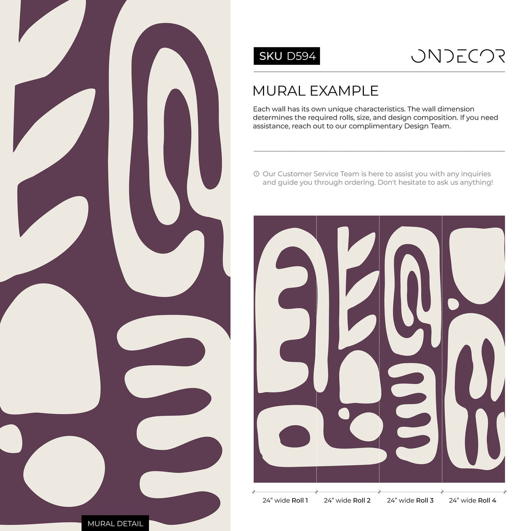 Abstract Wallpaper with Bold Organic Shapes in Purple and Beige - D594