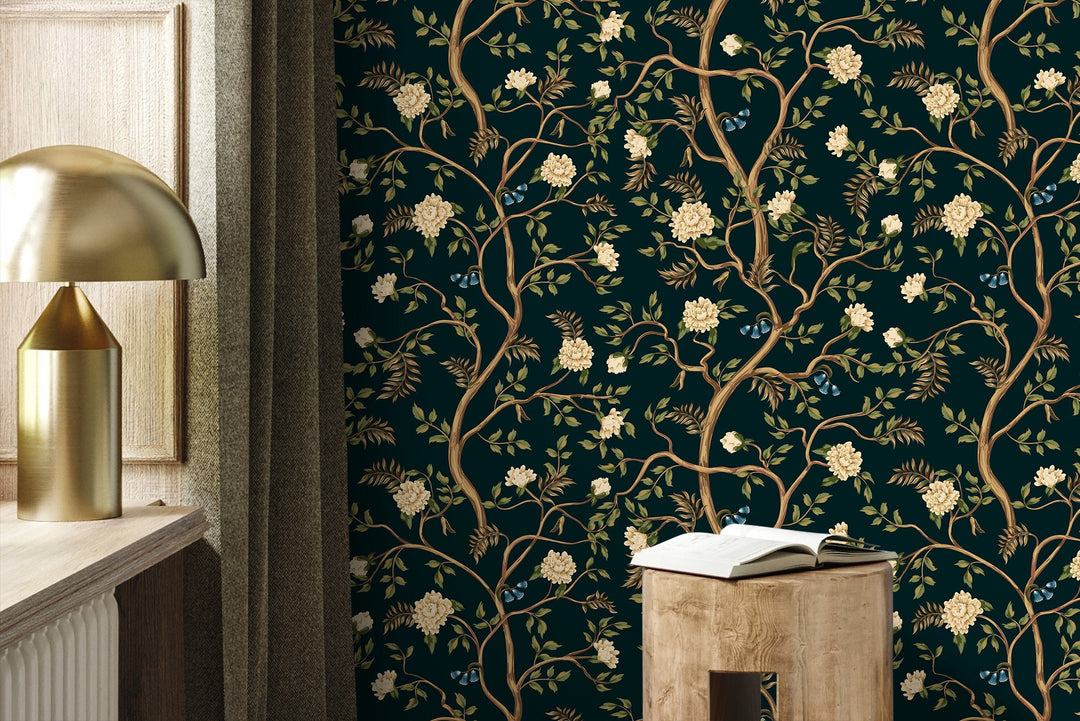 Chinoiserie Wallpaper with a Floral Garden Motif in Dark Teal and Cream - D501