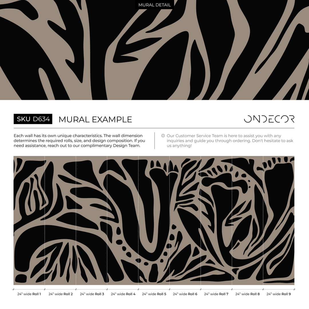 Abstract Wallpaper with Bold Botanical Forms in Black and Taupe - D634