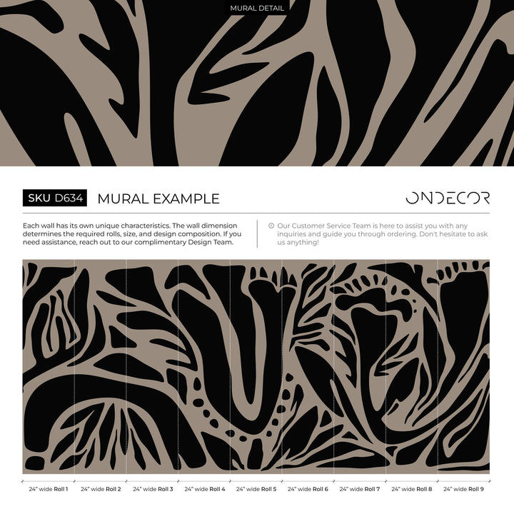 Abstract Wallpaper with Bold Botanical Forms in Black and Taupe - D634
