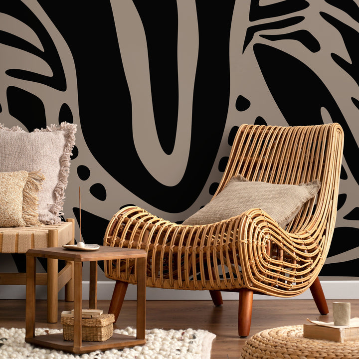 Abstract Wallpaper with Bold Botanical Forms in Black and Taupe - D634