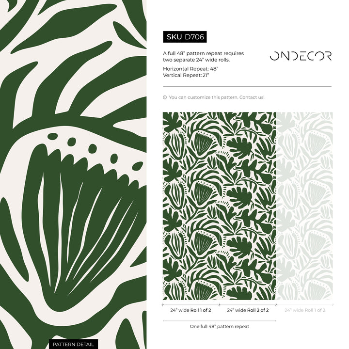 Botanical Wallpaper Featuring Abstract Cutout Leaves in Olive Green and White - D706