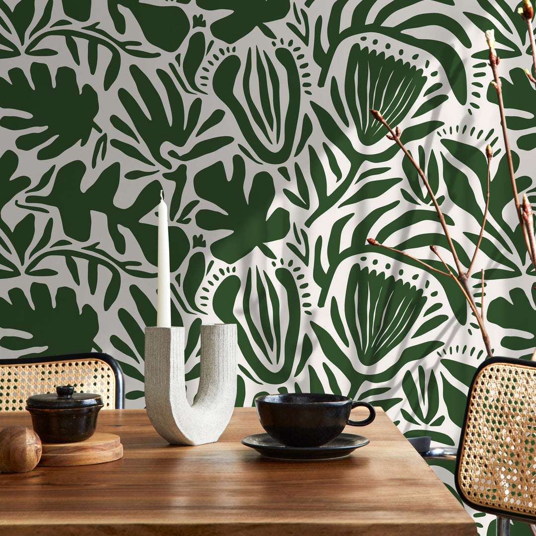 Botanical Wallpaper Featuring Abstract Cutout Leaves in Olive Green and White - D706