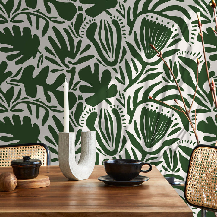 Botanical Wallpaper Featuring Abstract Cutout Leaves in Olive Green and White - D706