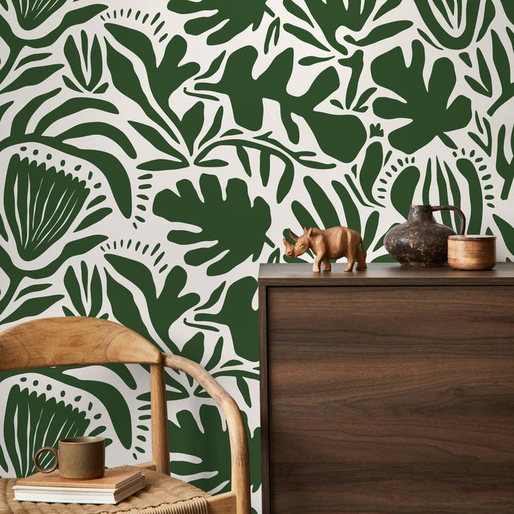 Botanical Wallpaper Featuring Abstract Cutout Leaves in Olive Green and White - D706