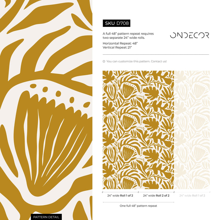 Abstract Wallpaper with a Folk Art Botanical Motif in Mustard Yellow - D708