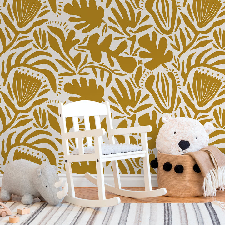 Abstract Wallpaper with a Folk Art Botanical Motif in Mustard Yellow - D708
