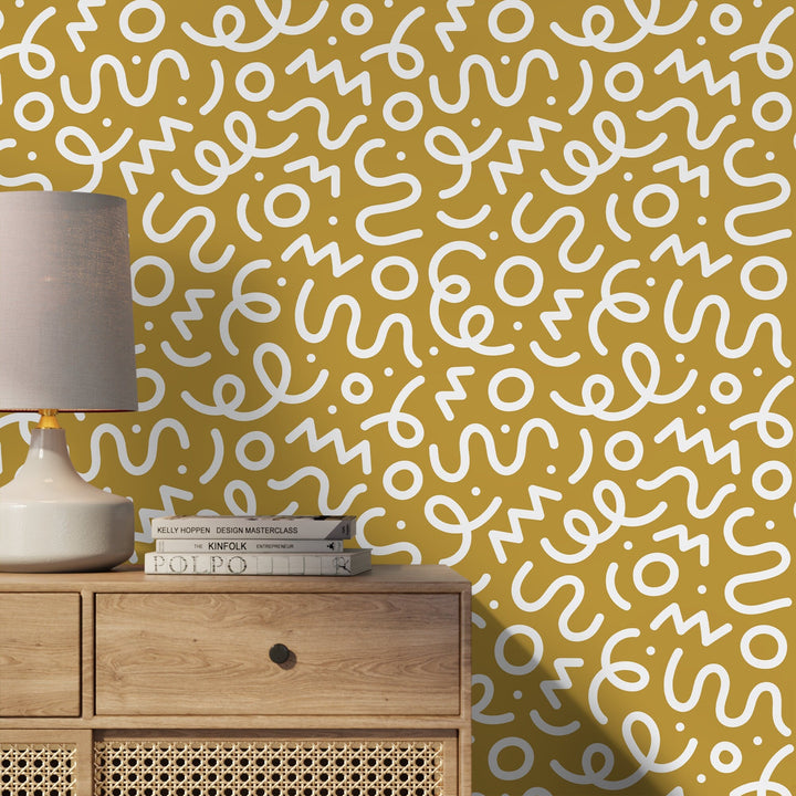 Abstract Wallpaper with Playful Squiggles and Shapes in Yellow and White - D574