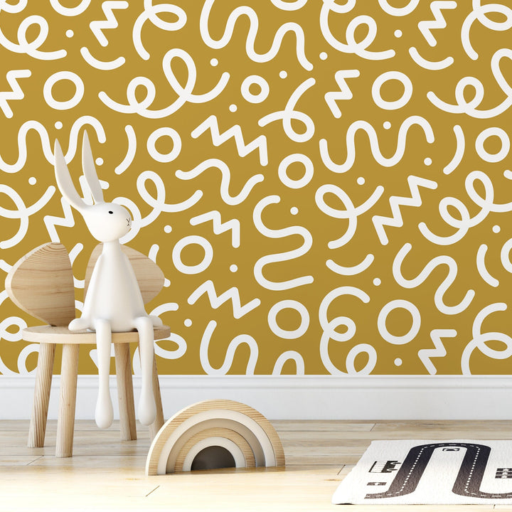 Abstract Wallpaper with Playful Squiggles and Shapes in Yellow and White - D574
