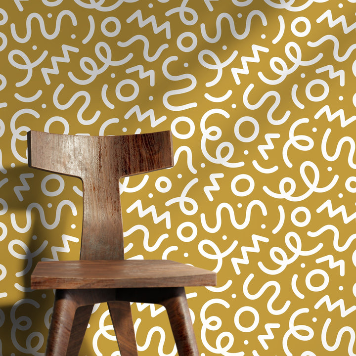 Abstract Wallpaper with Playful Squiggles and Shapes in Yellow and White - D574