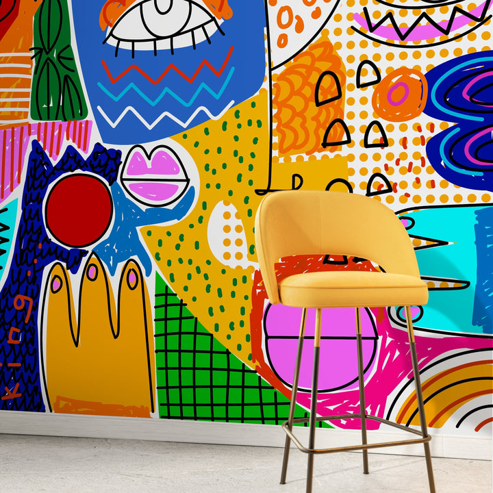 Abstract Wallpaper with Bold Cubist Faces in Blue, Yellow, and Red - D578