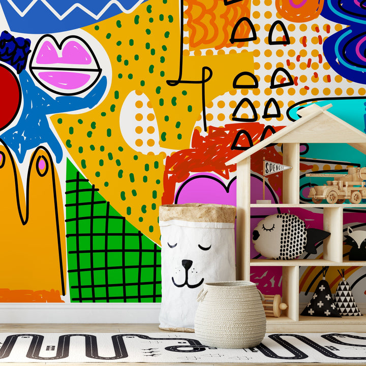 Abstract Wallpaper with Bold Cubist Faces in Blue, Yellow, and Red - D578
