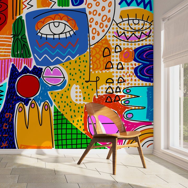 Abstract Wallpaper with Bold Cubist Faces in Blue, Yellow, and Red - D578