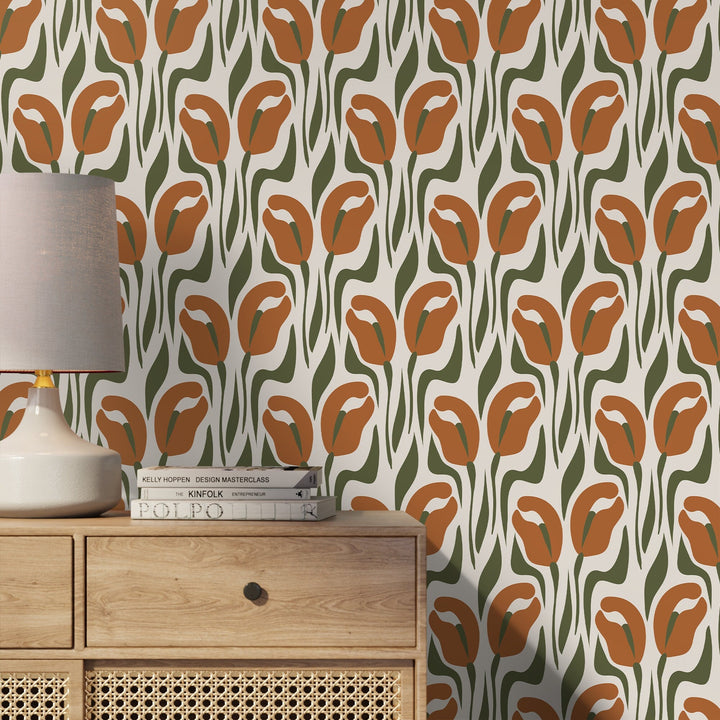 Floral Wallpaper Featuring Stylized Tulips in Terracotta and Olive Green - D653