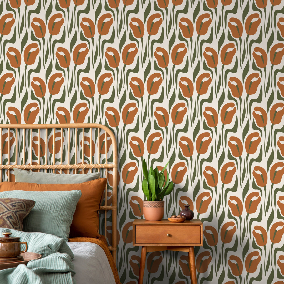 Floral Wallpaper Featuring Stylized Tulips in Terracotta and Olive Green - D653