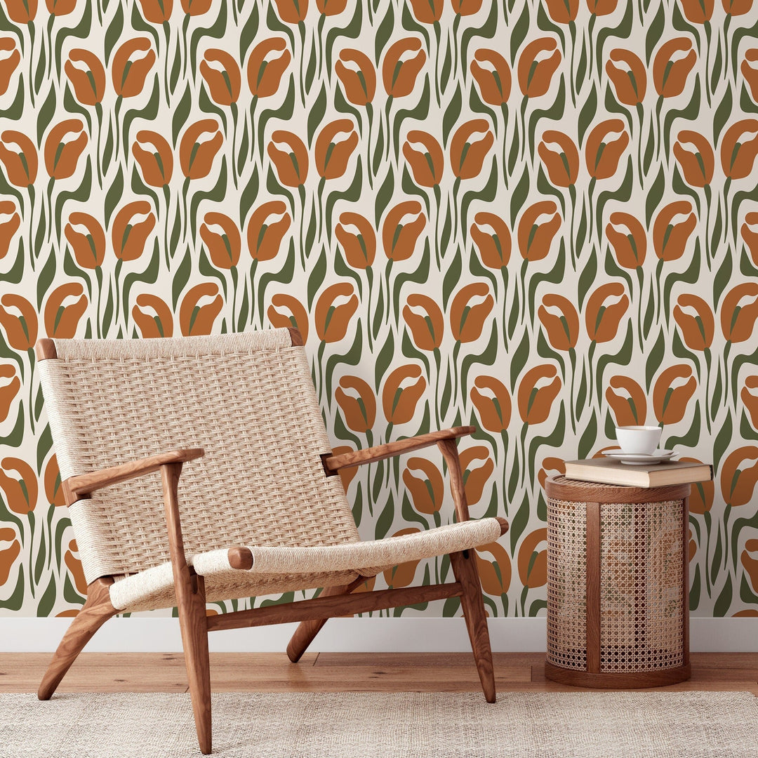 Floral Wallpaper Featuring Stylized Tulips in Terracotta and Olive Green - D653