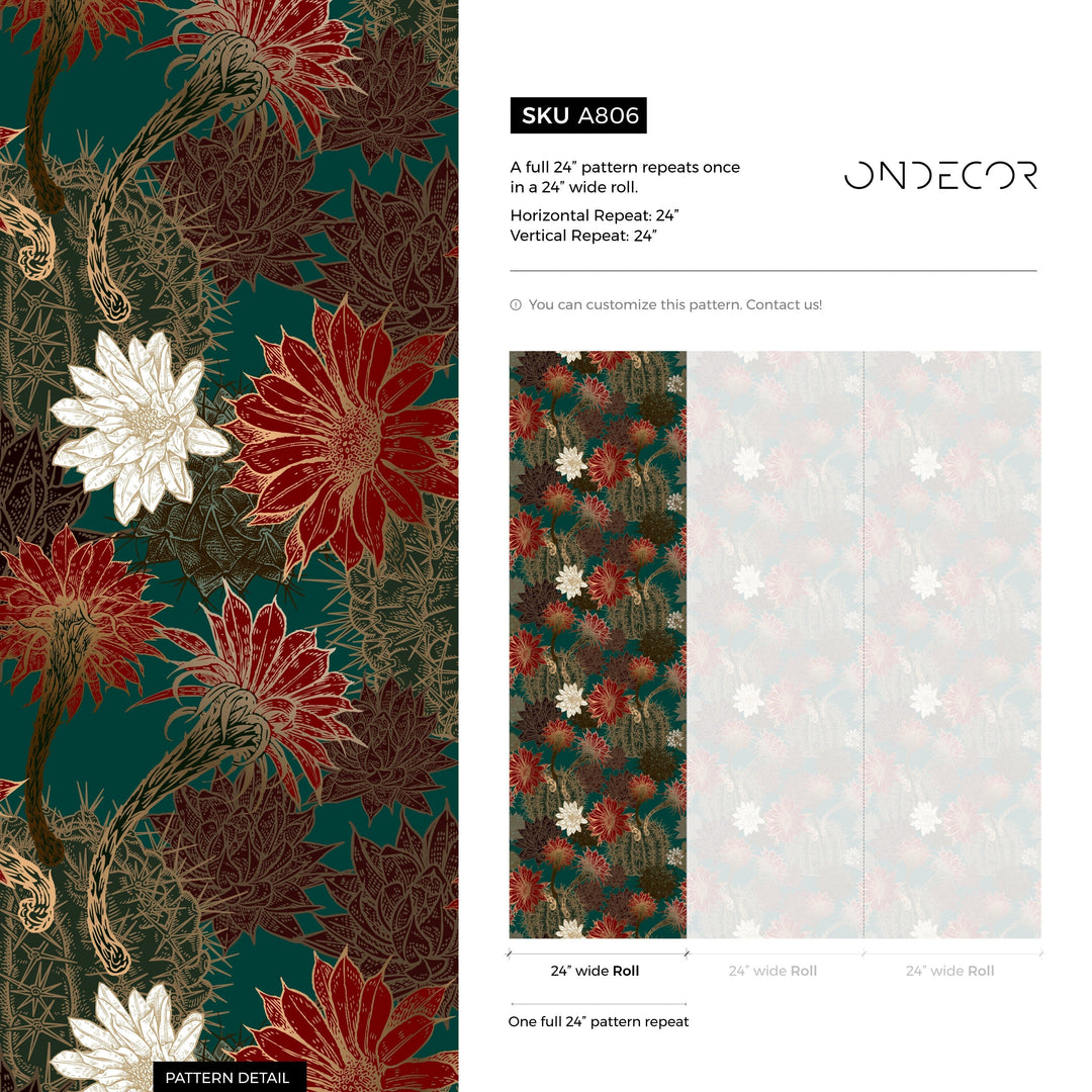 Botanical Wallpaper with Vintage Cactus Blossoms in Teal, Red, and Gold - A806