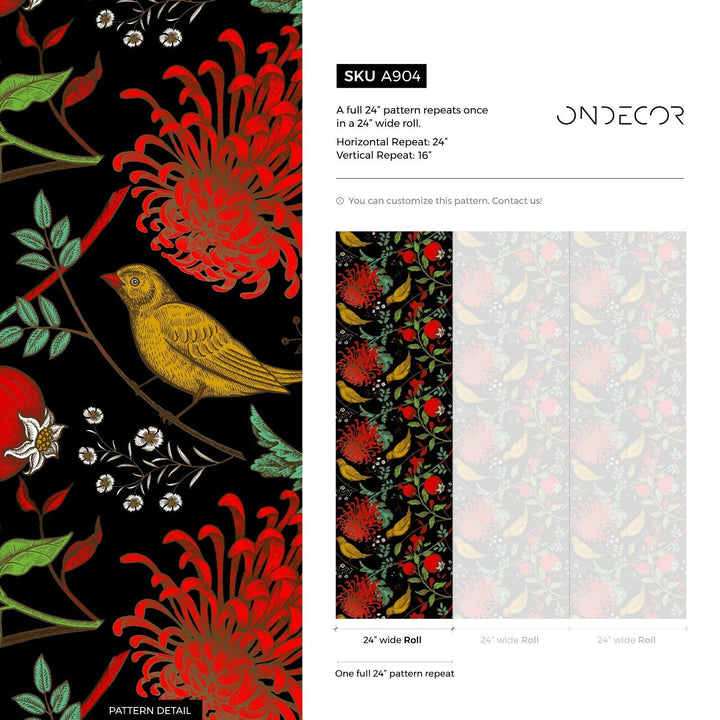 Chinoiserie Wallpaper with Birds and Flowers in Red, Yellow, and Green - A904