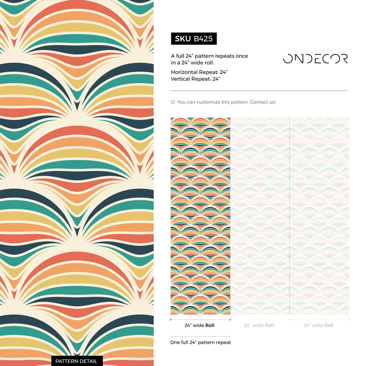 Retro Wallpaper with a Geometric Scallop Motif in Orange, Teal, and Yellow - B425