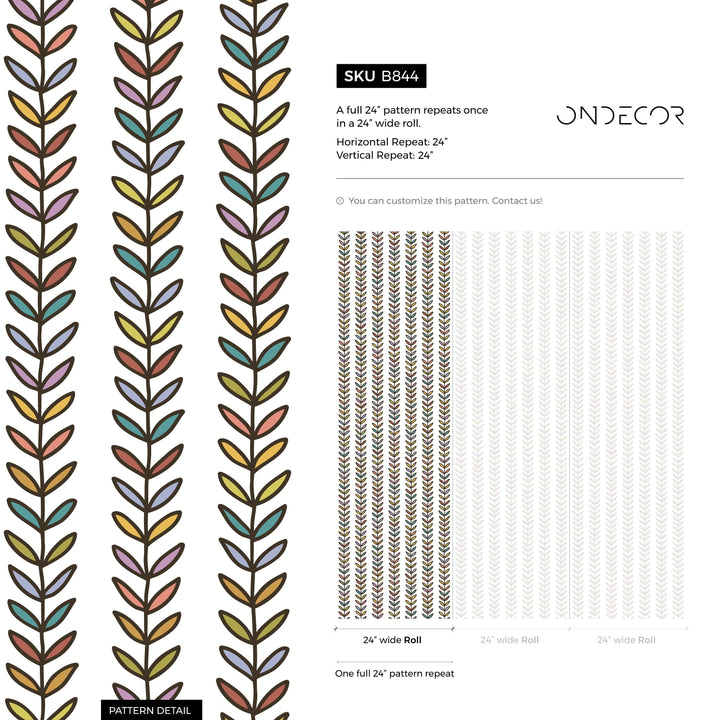 Botanical Wallpaper with a Stylized Vine Motif in Red, Yellow, and Teal - B844