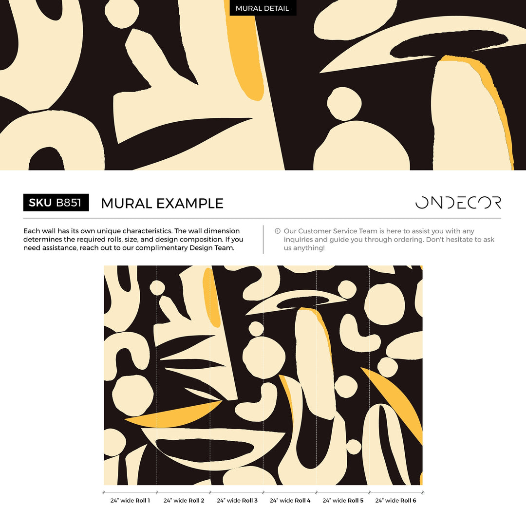 Abstract Wallpaper with Bold Organic Shapes in Black, Cream, and Yellow - B851
