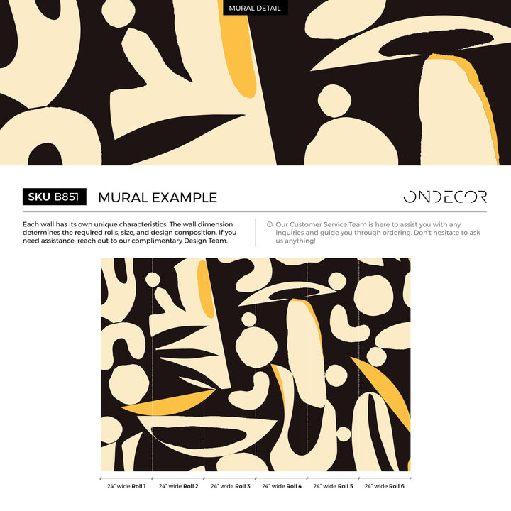 Abstract Wallpaper with Bold Organic Shapes in Black, Cream, and Yellow - B851