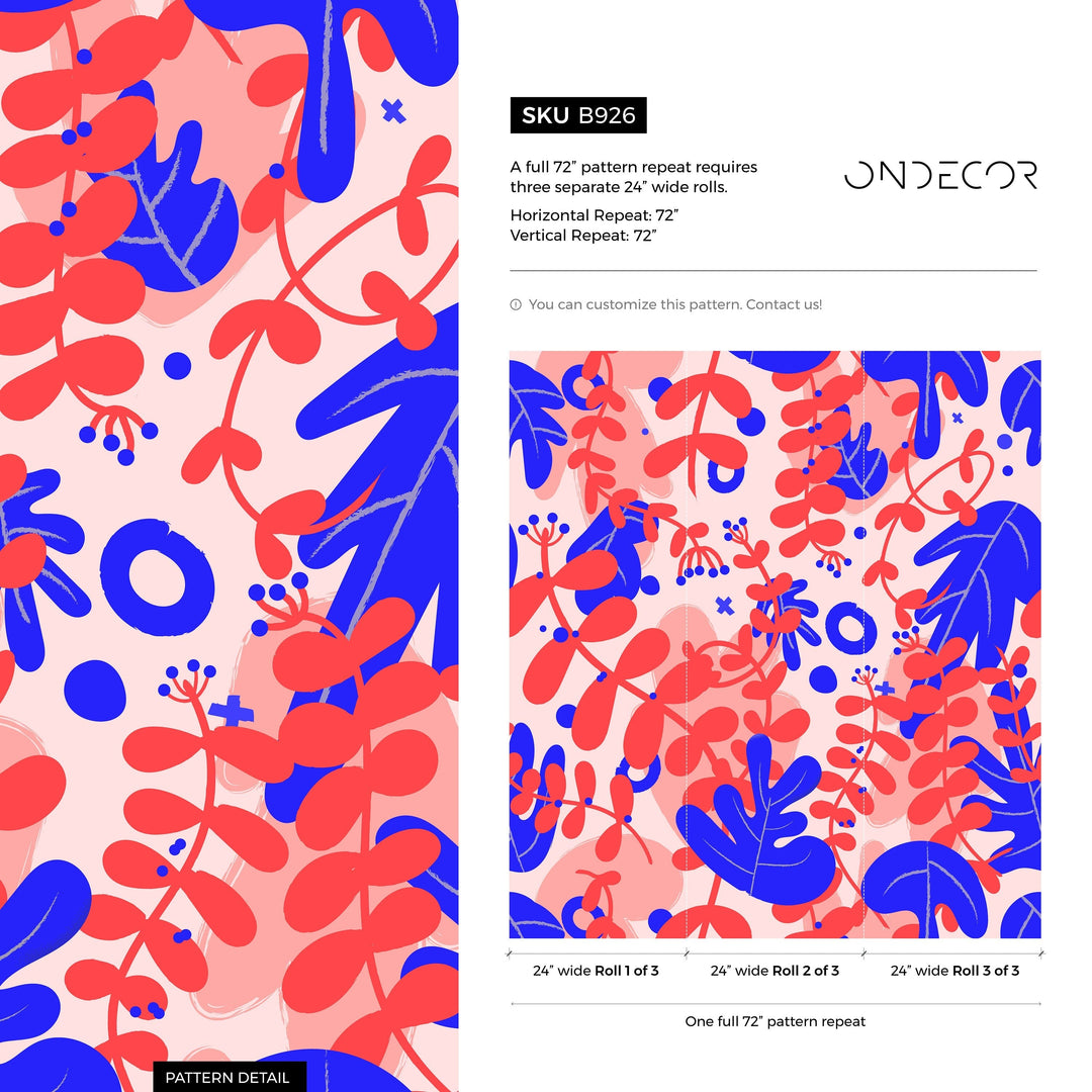 Botanical Wallpaper with Abstract Floral Shapes in Red, Blue, and Pink - B926