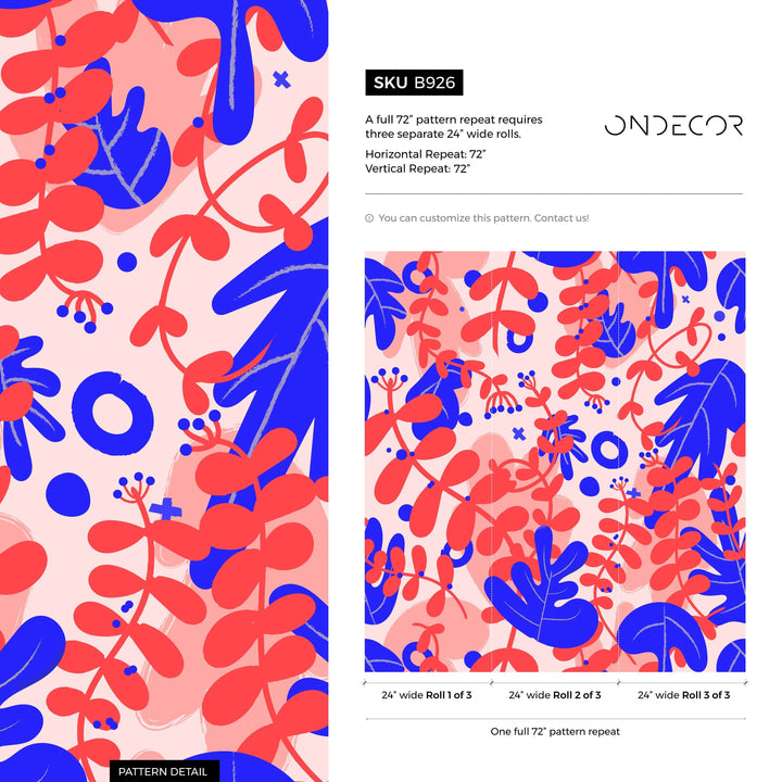 Botanical Wallpaper with Abstract Floral Shapes in Red, Blue, and Pink - B926