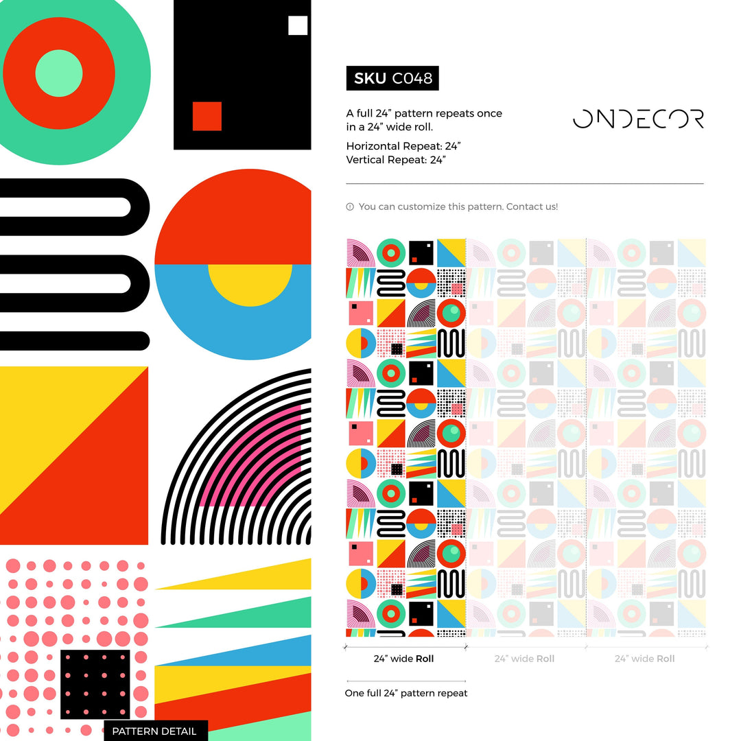 Geometric Wallpaper with Retro Abstract Shapes in Red, Yellow, and Blue - C048