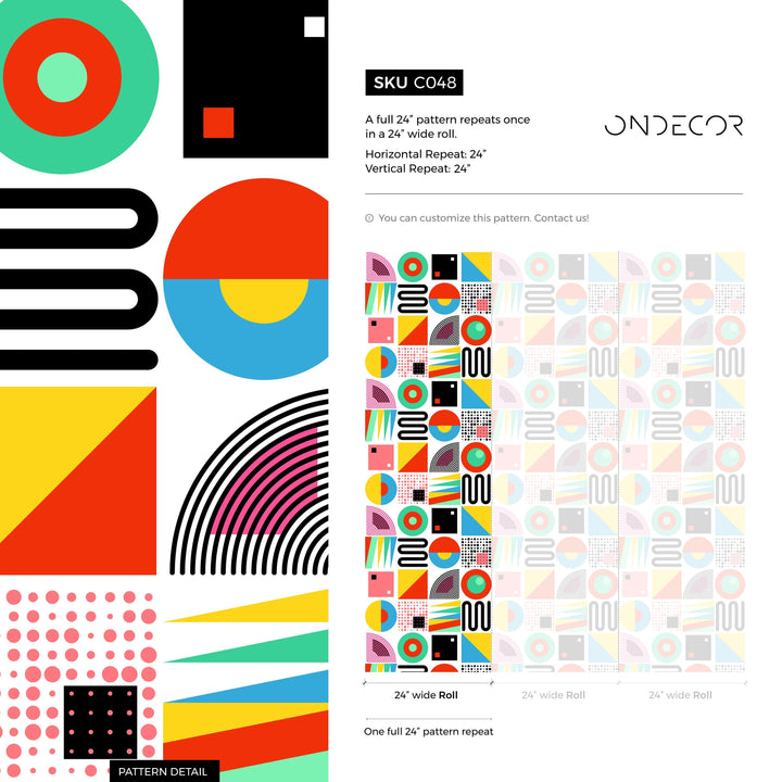 Geometric Wallpaper with Retro Abstract Shapes in Red, Yellow, and Blue - C048
