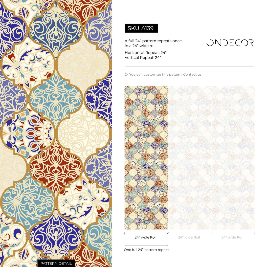 Tile Wallpaper with a Marrakech Motif in Blue, Red, and Gold - A139