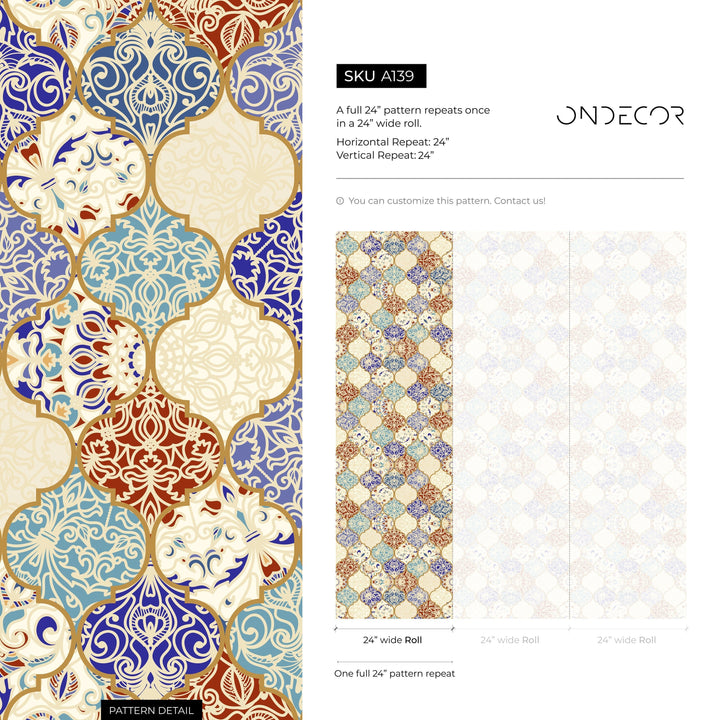 Tile Wallpaper with a Marrakech Motif in Blue, Red, and Gold - A139