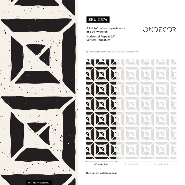 Geometric Wallpaper with a Distressed Block Print Motif in Black and White - C374