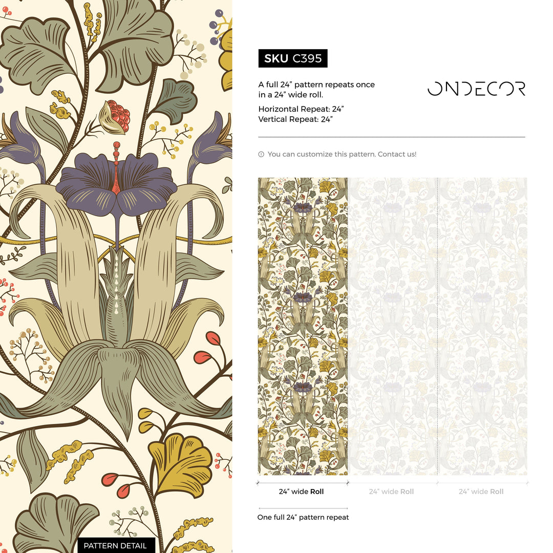 Art Nouveau Wallpaper with Stylized Lilies in Green, Yellow, and Purple - C395