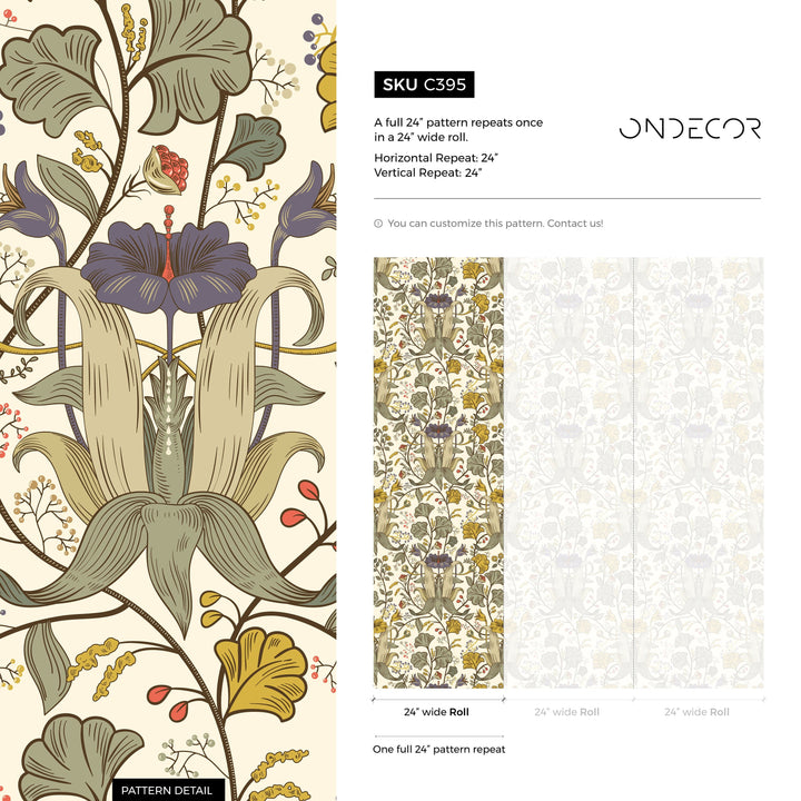 Art Nouveau Wallpaper with Stylized Lilies in Green, Yellow, and Purple - C395