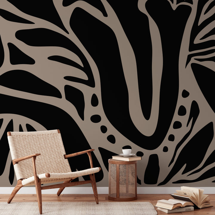 Abstract Wallpaper with Bold Botanical Forms in Black and Taupe - D634